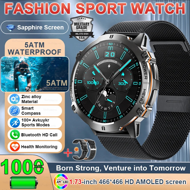 2025 Military GPS Smartwatch - 1.73" AMOLED, 1000mAh, 5ATM & BT Call
