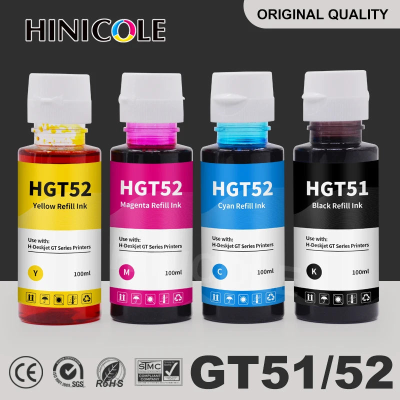 HINICOLE GT51 GT52 Dye Ink Refill Kit - 100ml Compatible Bottles for HP