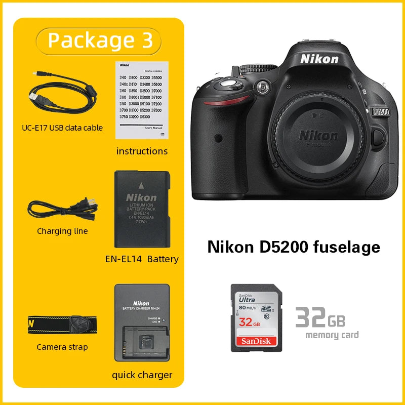 Nikon D5200 24MP DSLR Camera - ISO 6400, EN-EL14, Optional 18-55mm Lens