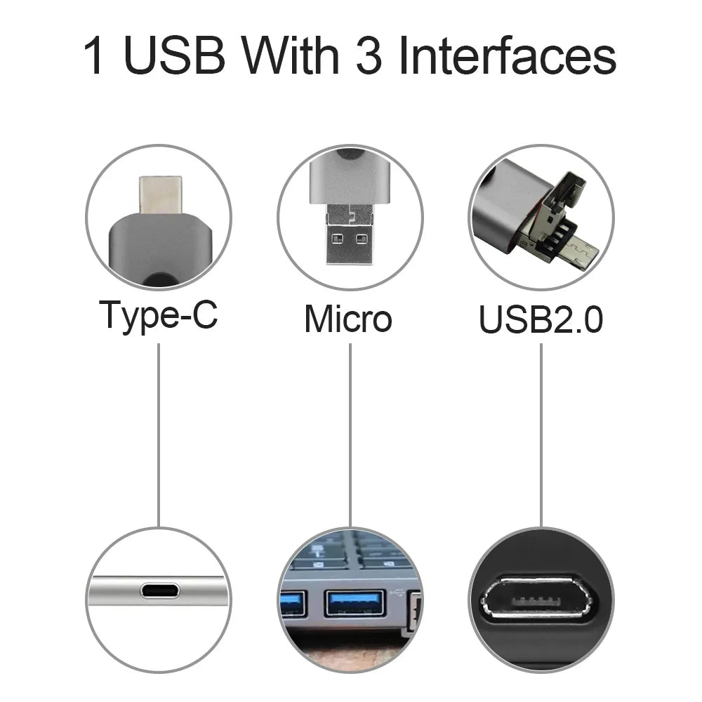 KFHIREW 3-in-1 Metal USB Drive - USB 2.0 + Type-C + Micro USB OTG