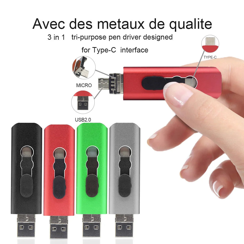 KFHIREW 3-in-1 Metal USB Drive - USB 2.0 + Type-C + Micro USB OTG