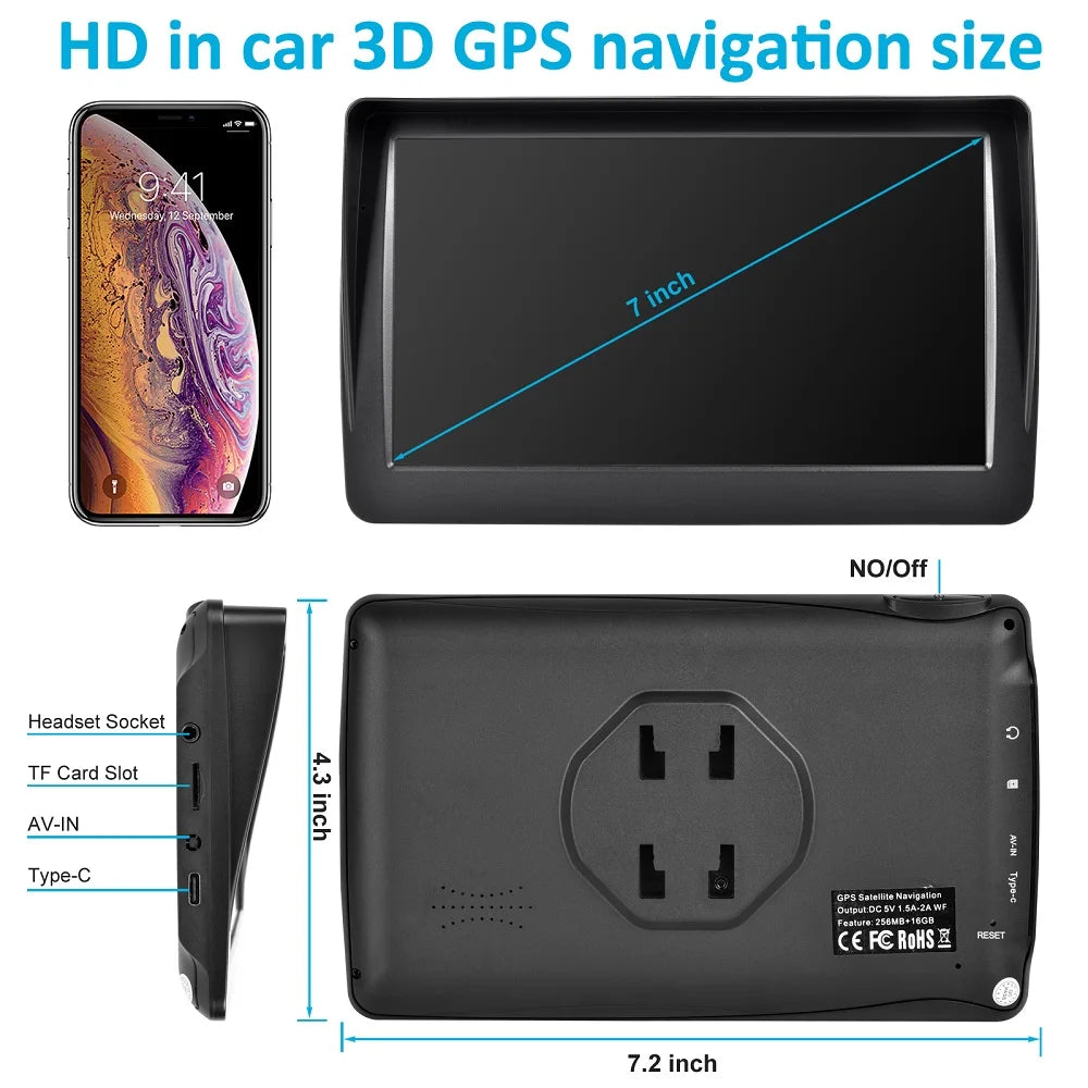 KMDRIVE 7-Inch GPS Navigation - 256MB/16GB, Type-C Charging, FM/MP3/MP4