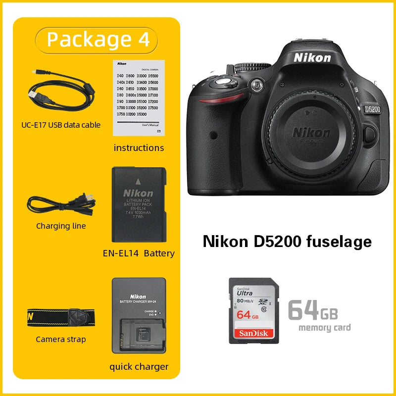 Nikon D5200 24MP DSLR Camera - ISO 6400, EN-EL14, Optional 18-55mm Lens