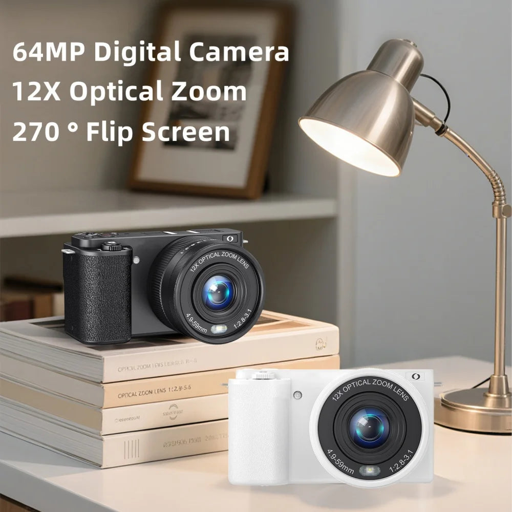 4K 64MP Digital Vlog Camera - 12X Optical Zoom, Flip Screen & Webcam