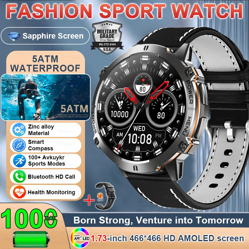2025 Military GPS Smartwatch - 1.73" AMOLED, 1000mAh, 5ATM & BT Call