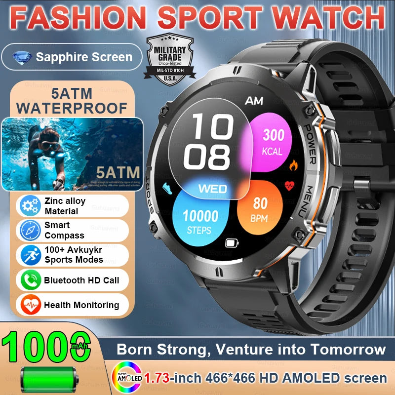 2025 Military GPS Smartwatch - 1.73" AMOLED, 1000mAh, 5ATM & BT Call