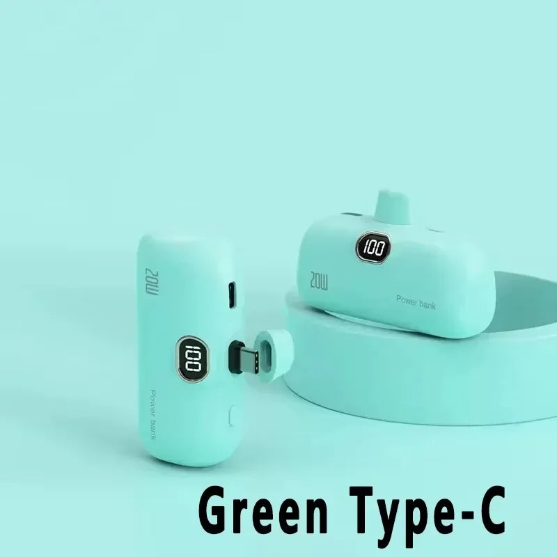 LIEI Mini Capsule Power Bank - 20W Fast Charge, 10000/5000mAh, Built-In Cable