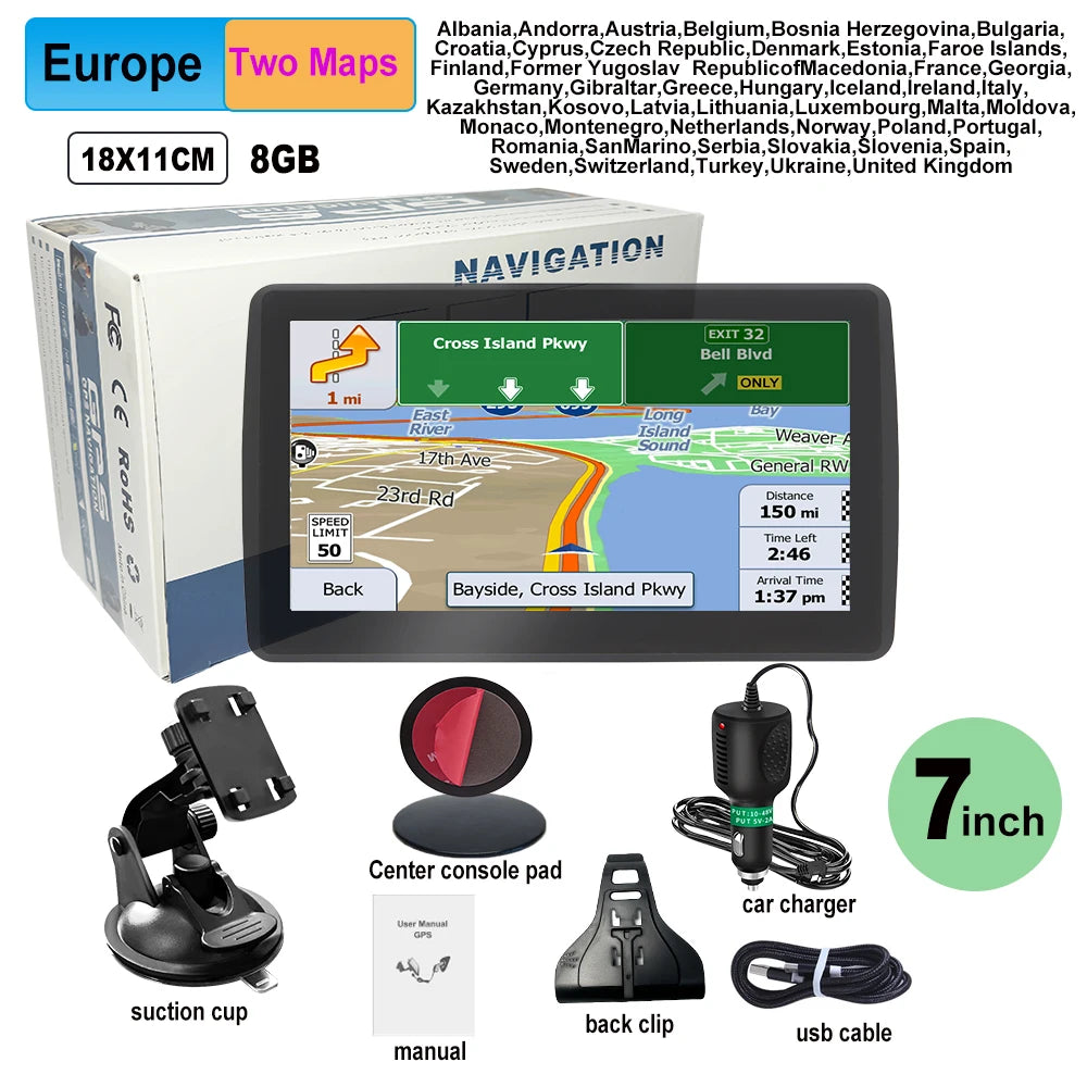 WEEKJOOY 7-Inch GPS Navigator - Europe/North America Maps, 8GB, FM Music