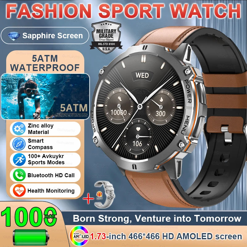 2025 Military GPS Smartwatch - 1.73" AMOLED, 1000mAh, 5ATM & BT Call