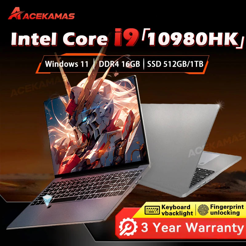 ACEKAMAS 2025 15.6" i9-10980HK Gaming Laptop - 16GB DDR4, 1-2TB SSD, 4K IPS