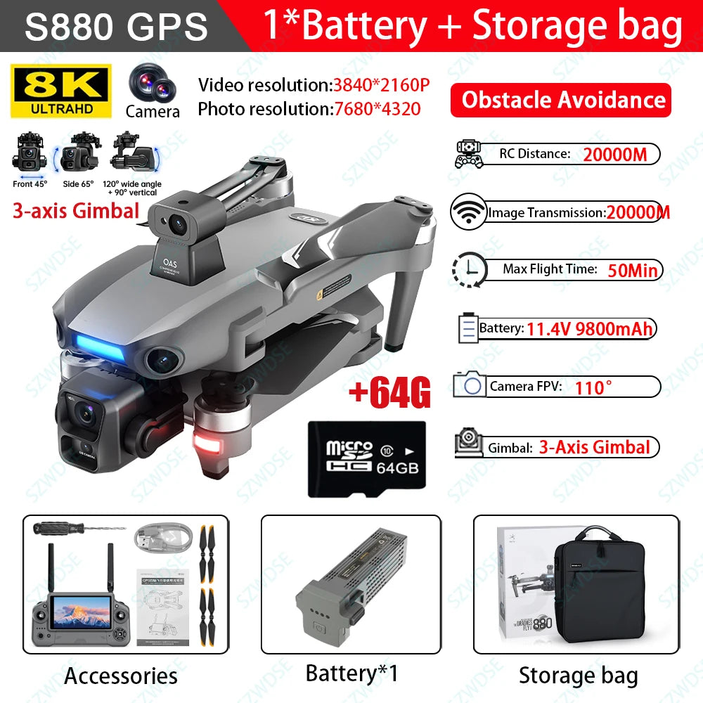 S880 Max 8K GPS Fishing Drone - Dual Camera, 3-Axis Gimbal & Airdrop