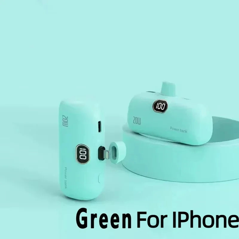 LIEI Mini Capsule Power Bank - 20W Fast Charge, 10000/5000mAh, Built-In Cable