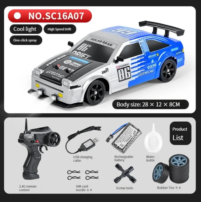 LKCOMO 4WD RC Drift Car - 2.4G, Metal ABS AE86, Light & Spray Effects