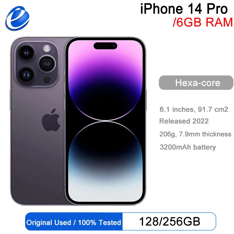 Apple iPhone 14 Pro 5G - 6.1" OLED, 6GB RAM, 3200mAh, Face ID & NFC