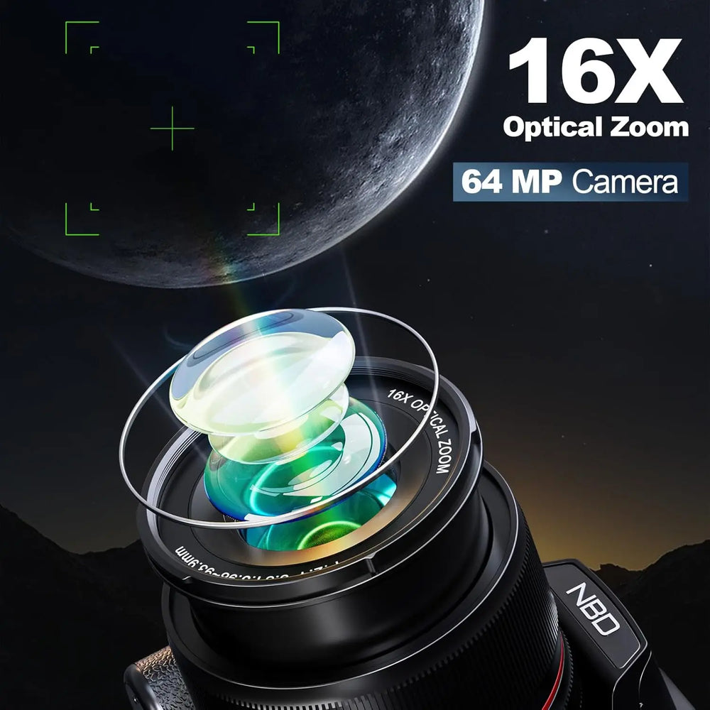 NBD 5K 64MP Camera - 16X Optical Zoom, WiFi App, 180° Flip Screen
