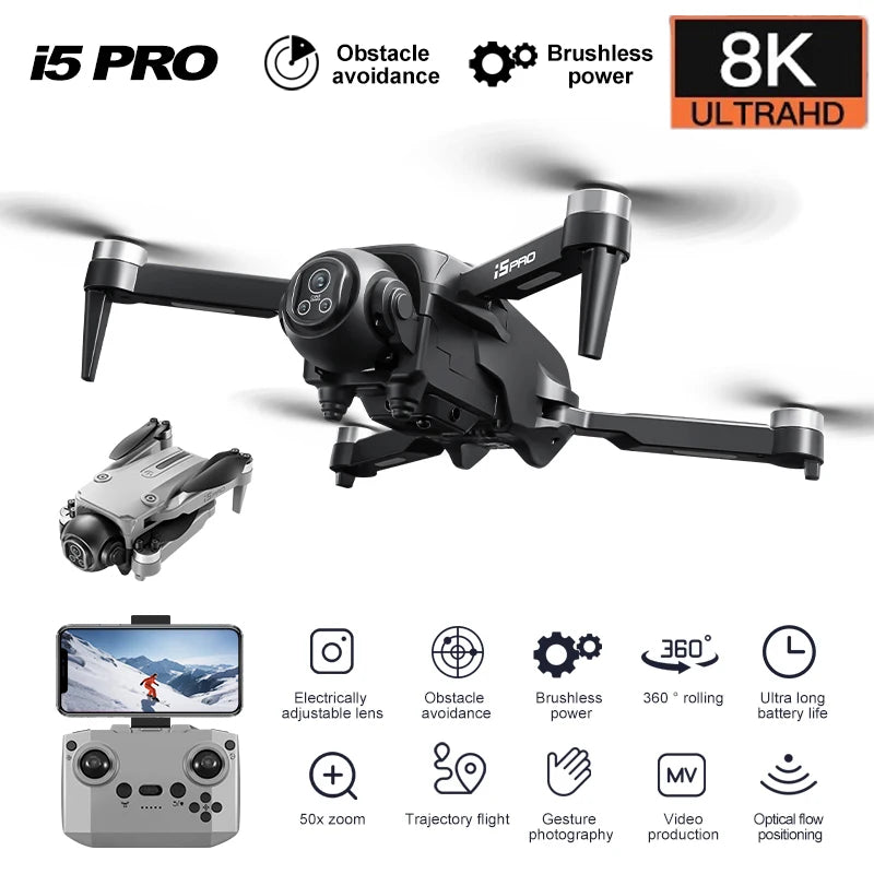 I5 Pro 8K Drone 2025 - 5G WiFi FPV, 150° FoV, Obstacle Avoidance, Brushless