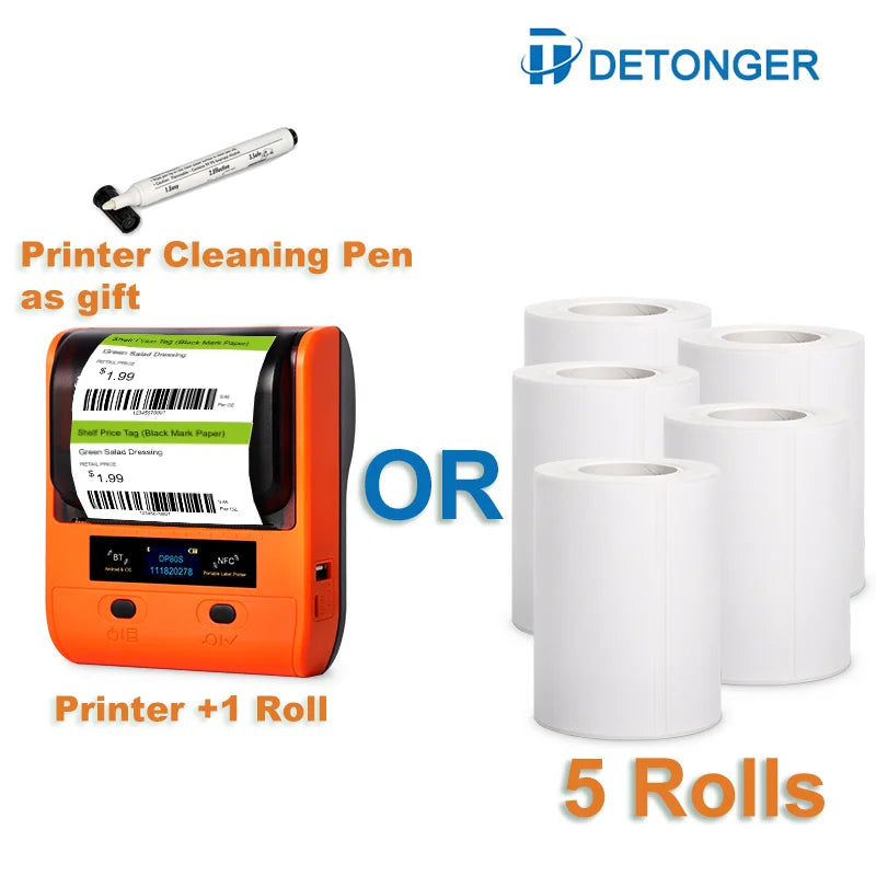 DETONGER DP80S Portable Thermal Label Printer - 30-80mm Bluetooth