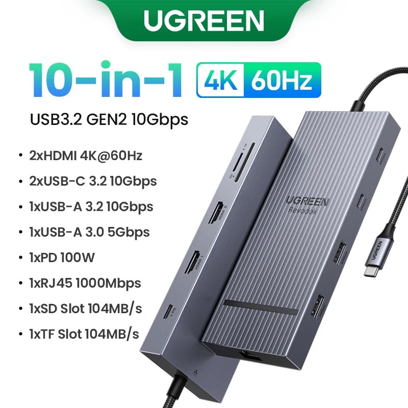 UGREEN USB-C Hub 4K120Hz DP - 2x HDMI, 10Gbps USB 3.2 Gen2 & RJ45
