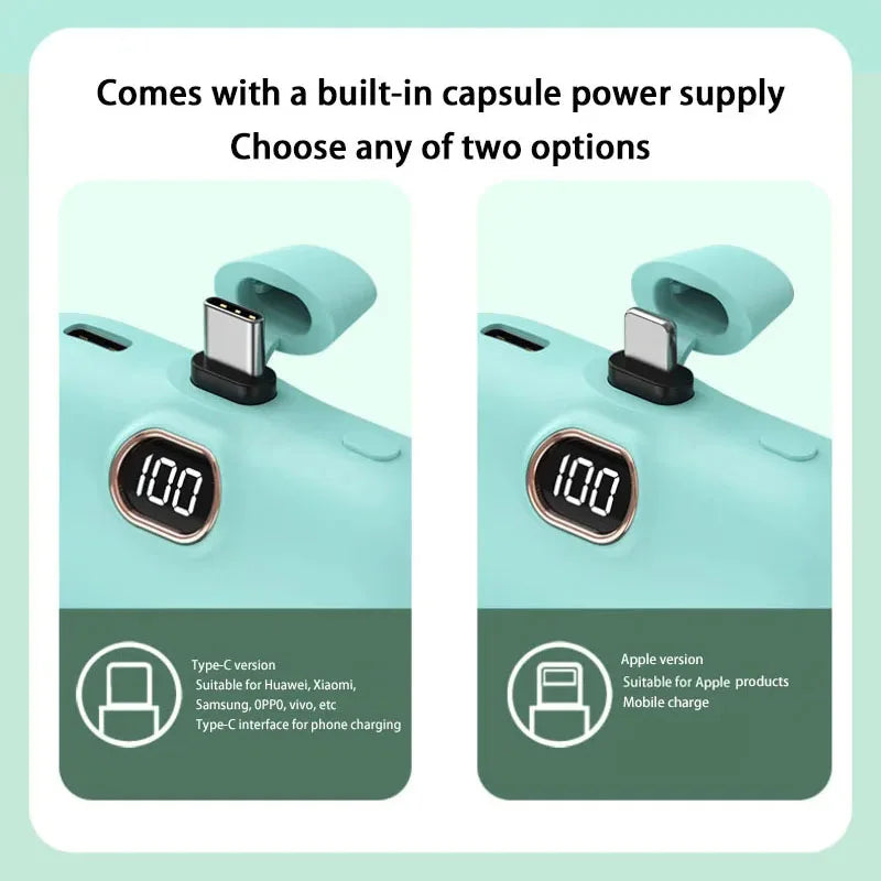 LIEI Mini Capsule Power Bank - 20W Fast Charge, 10000/5000mAh, Built-In Cable