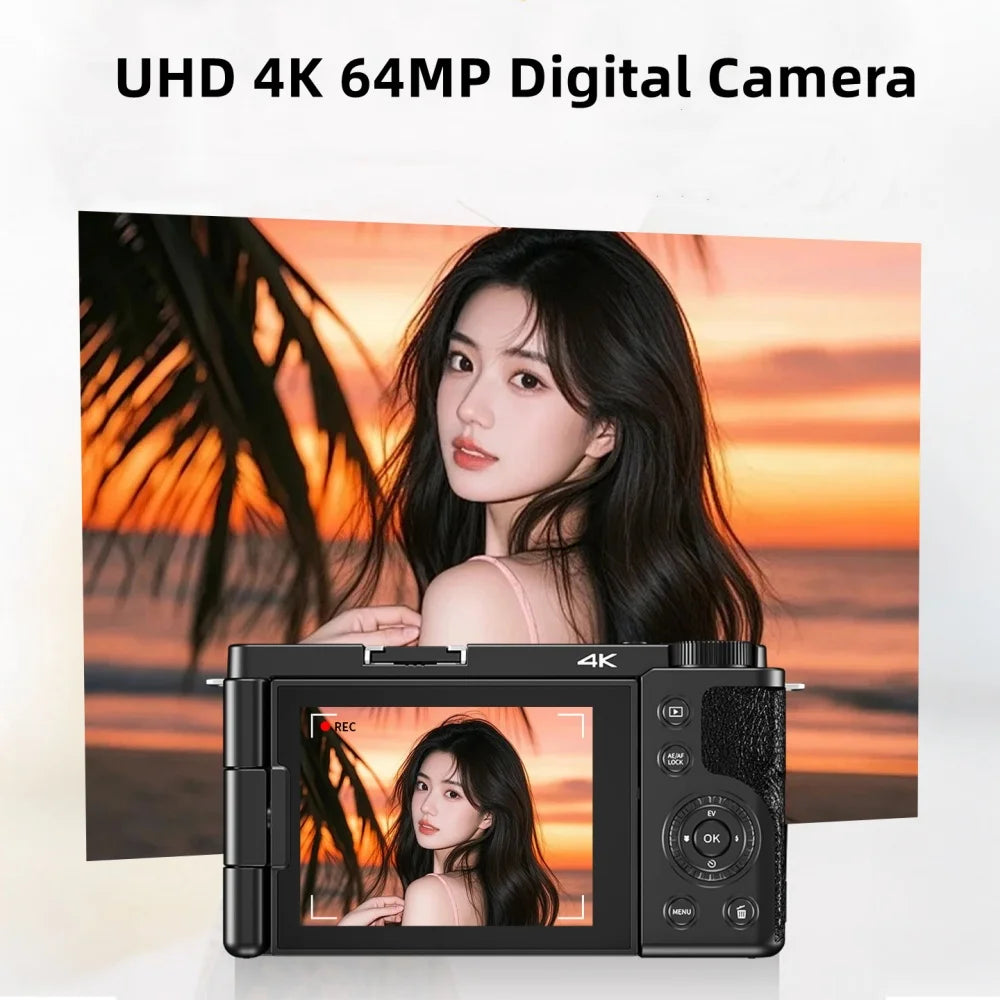 4K 64MP Digital Vlog Camera - 12X Optical Zoom, Flip Screen & Webcam