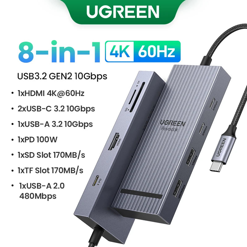 UGREEN USB-C Hub 4K120Hz DP - 2x HDMI, 10Gbps USB 3.2 Gen2 & RJ45