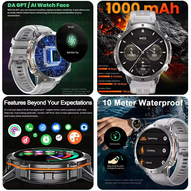 2025 Military GPS Smartwatch - 1.73" AMOLED, 1000mAh, 5ATM & BT Call
