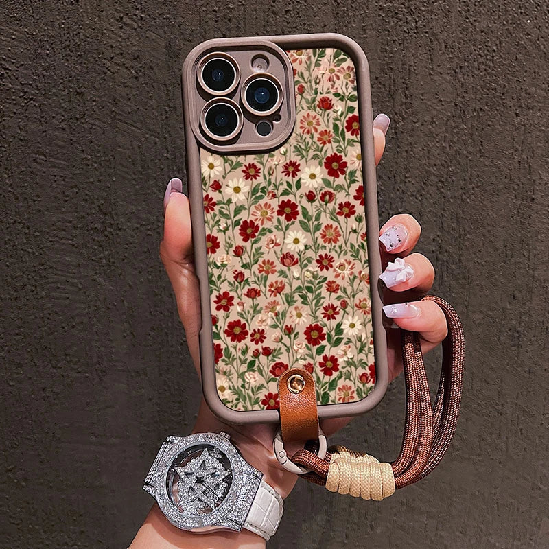Flower Pattern Lanyard iPhone Case - PC+TPU, iPhone 7 to 17 Pro Max