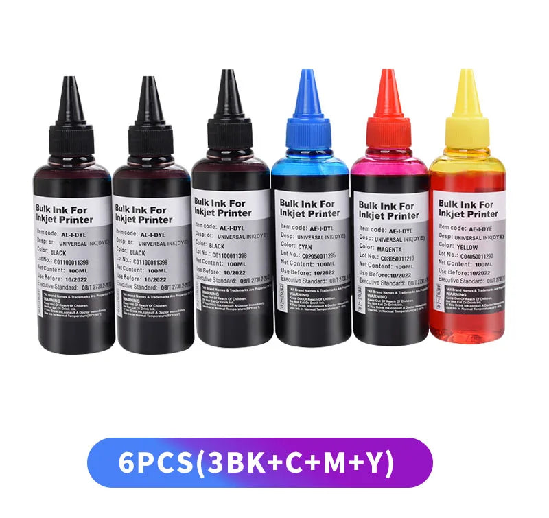 Aomya 100ml Universal Dye Refill Ink Set - Canon, HP, Epson, Brother CISS
