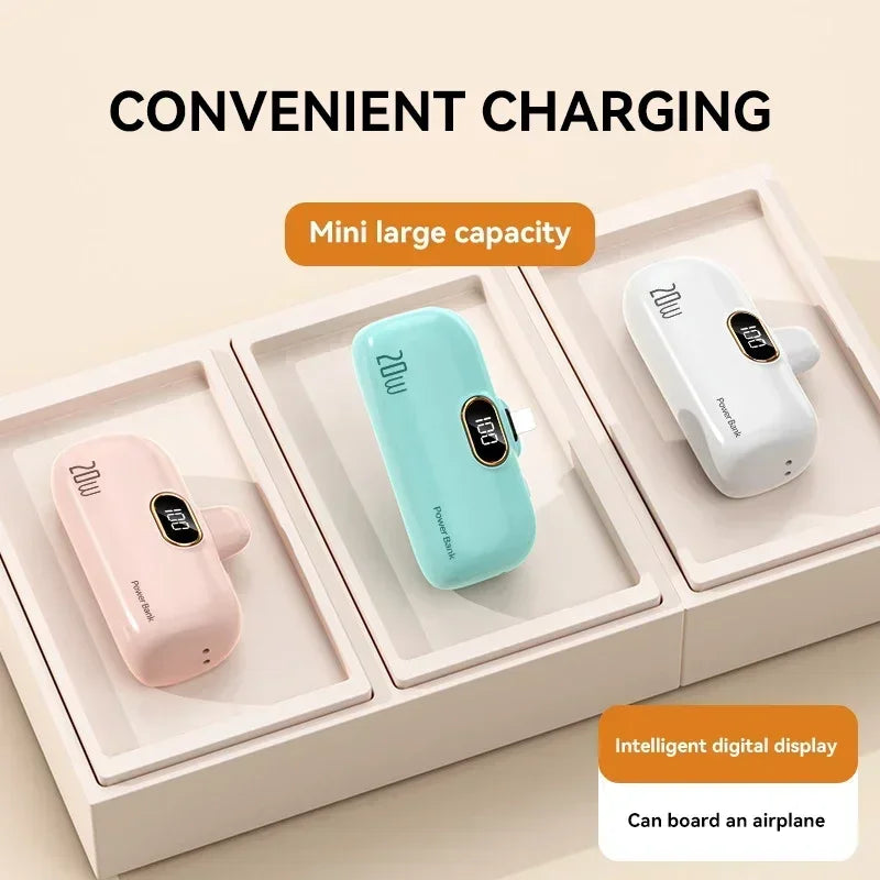 LIEI Mini Capsule Power Bank - 20W Fast Charge, 10000/5000mAh, Built-In Cable
