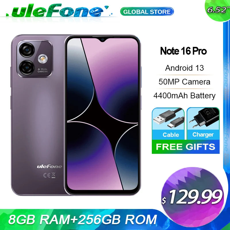 Ulefone Note 16 Pro 4G Global - 16GB RAM, 256GB, 50MP, 4400mAh, Android 13