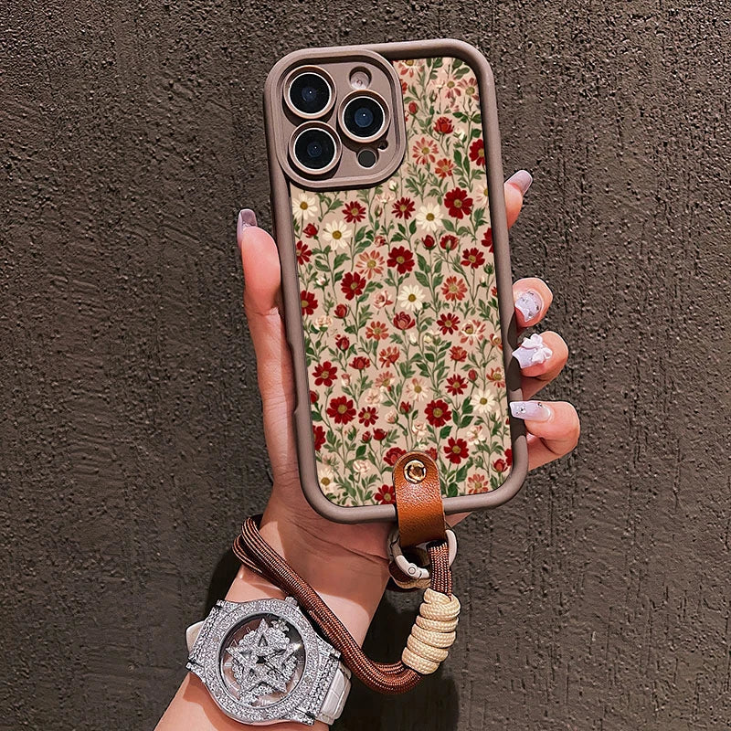 Flower Pattern Lanyard iPhone Case - PC+TPU, iPhone 7 to 17 Pro Max