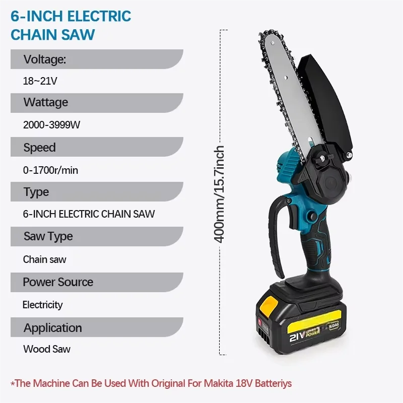 LISI 6-Inch Mini Electric Chainsaw - 1700RPM, 18V Makita Compatible