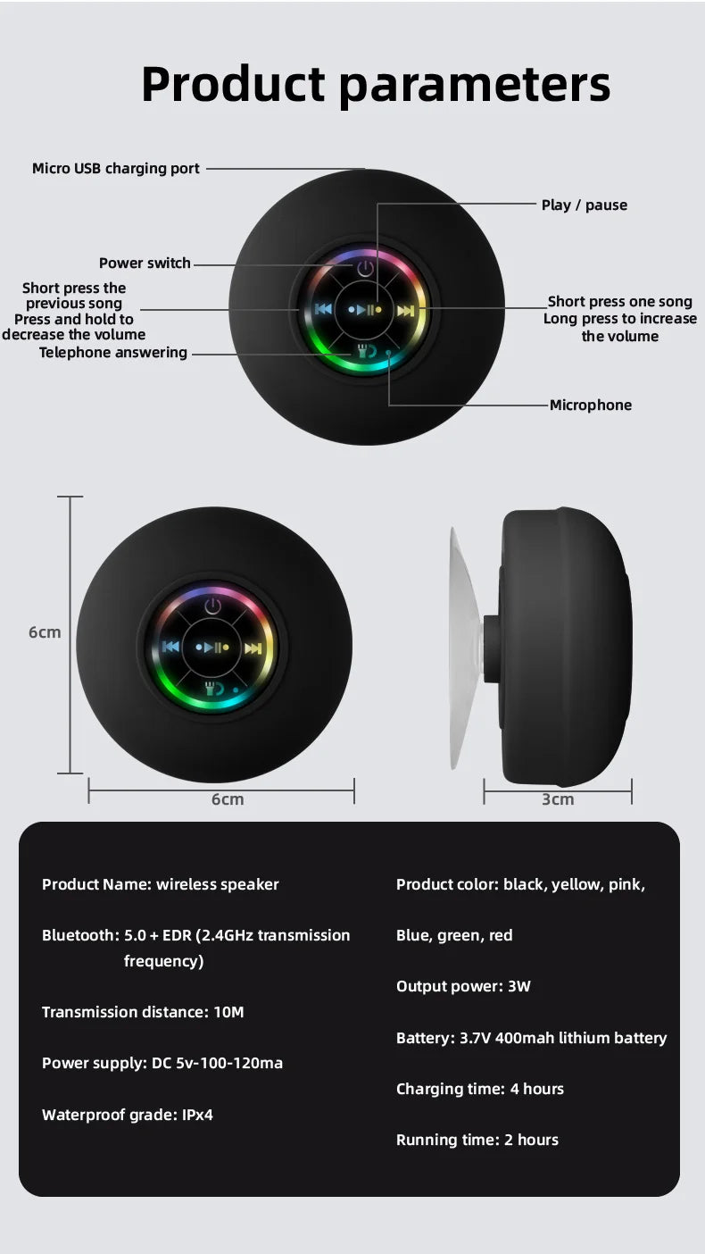 OZKVVM Waterproof Shower Bluetooth Speaker - LED, Suction Cup & 3D Surround