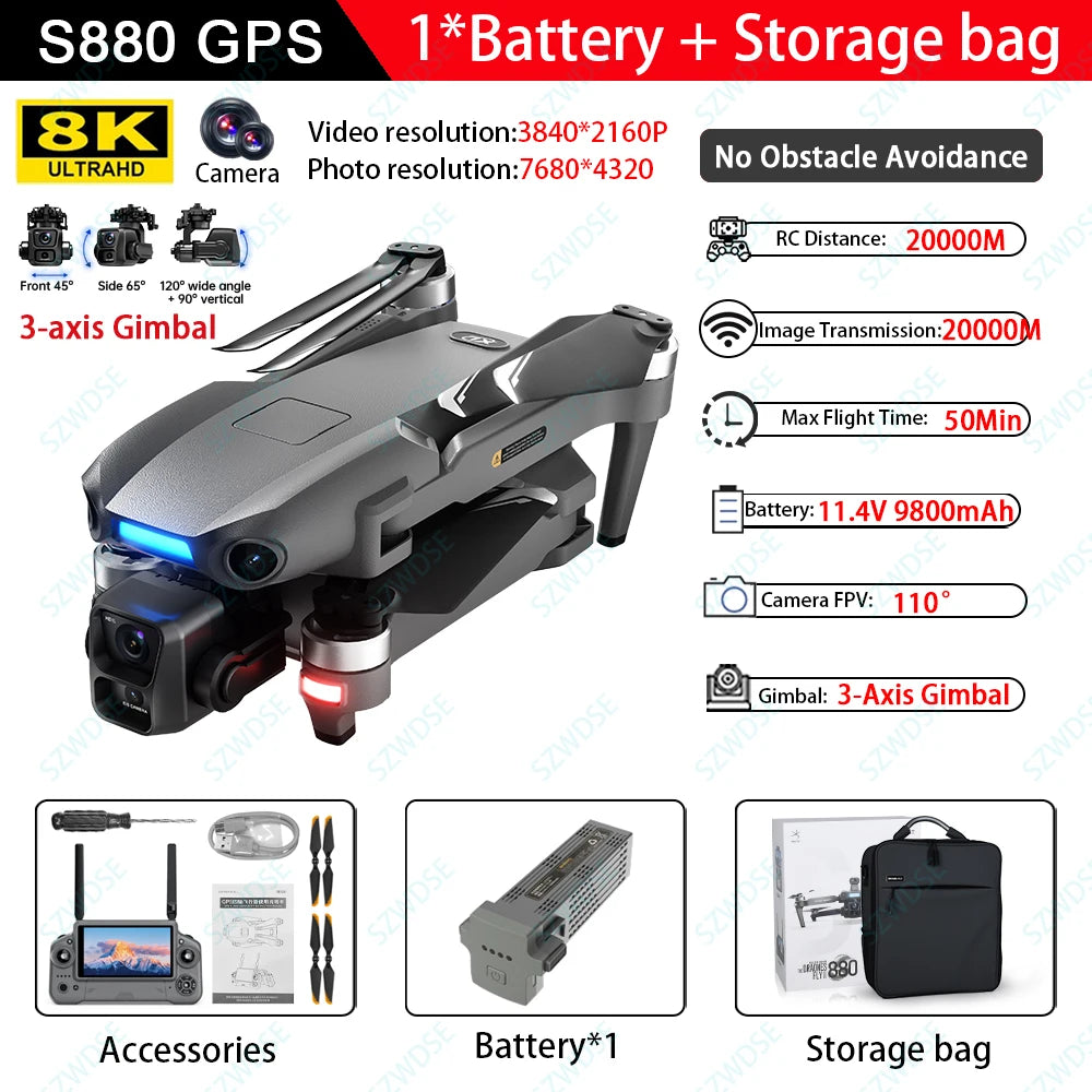 S880 Max 8K GPS Fishing Drone - Dual Camera, 3-Axis Gimbal & Airdrop